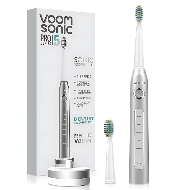 Voom Sonic Pro 5 Series Rechargeable Electronic Toothbrush Dentist Recommended Advanced Oral Care 2 Minute Timer with Quadrant Pacing 5 Adjustable Speeds Soft Dupont Nylon Bristles Silver